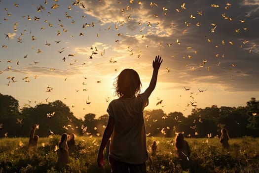 a girl in the field with butterflies flying around her and looking up into the sky at the sun setting behind