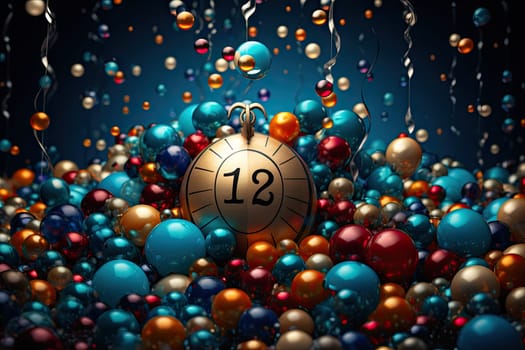 a pool ball surrounded by balloons and confectional streamers on a dark blue background with the number 13