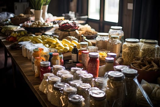 food that is on the table in front of some bottles and jars with fruit, bananas, orange juices, and other items