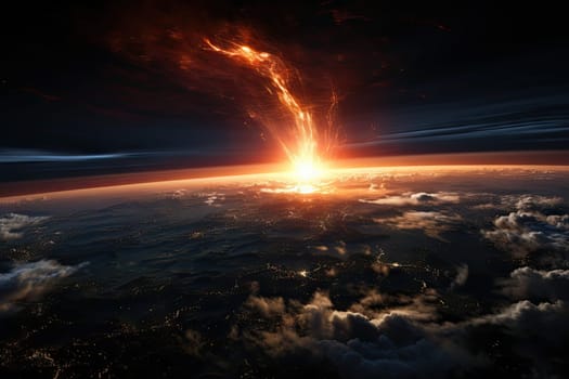 the earth from space, with an explosion in the sky and some clouds surrounding it is lit by bright orange light