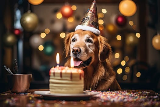 a dog wearing a party hat with a birthday cake in front of him on his face and looking at the camera