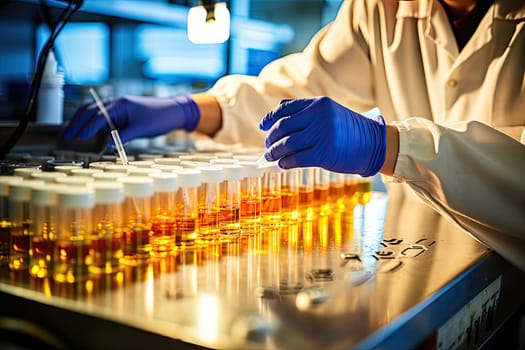 an experiment being conducted by a person in a lab coat and gloved with blue gloves, holding a test tube filled with liquid