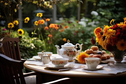 flowers and tea cups on a table in front of an open window with the sun shining through the trees behind