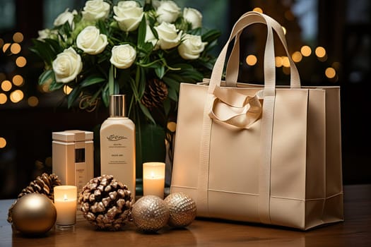 some items on a table next to a vase with white roses in the background and candles lit up behind it