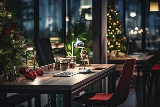 a table with a laptop and christmas tree in the background, as seen from an office window at night time