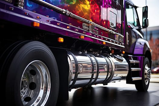 a semi truck driving down the street in front of a building with colorful lights on it's sides and rims