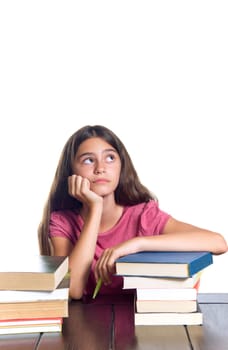 Portrait of a serious schoolgirl looking up. Isolated on white.