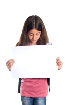 Schoolgirl with backpack holding a white sheet of paper