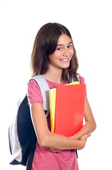 Schoolgirl with backpack holding book note books