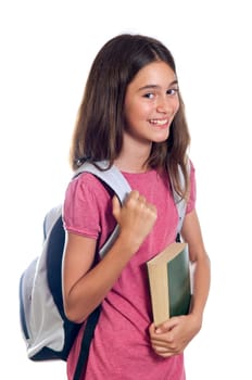 Schoolgirl with backpack holding book