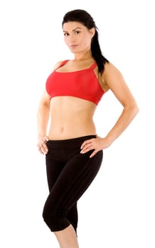 pretty brunette wearing sport outfit on white background