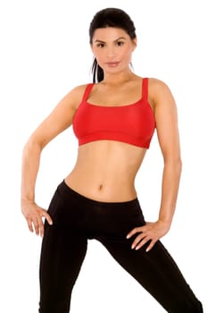 pretty brunette wearing sport outfit on white background