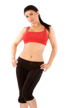 pretty brunette wearing sport outfit on white background