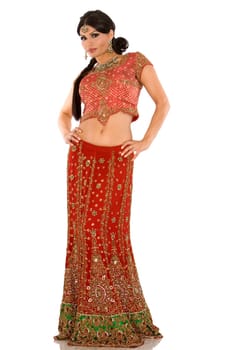 beautiful indian woman wearing bridal outfit on white