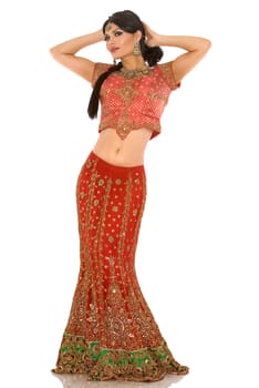 beautiful indian woman wearing bridal outfit on white