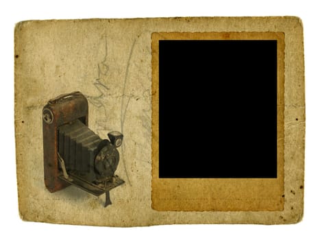 Vintage photo frame, with scalloped edge and vintage large format camera on old paper background.