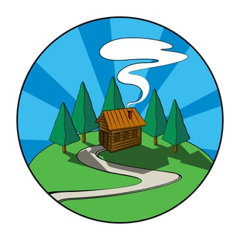 Wooden house, cabin in the forest. Graphic icon.