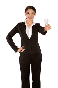 pretty asian wearing business outfit holding bulb