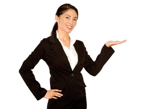 asian business woman holding her hand in air