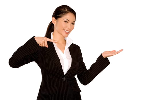 asian business woman pointing with hands on something