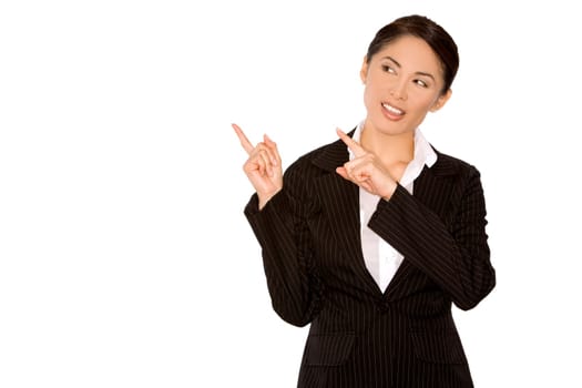 asian business woman pointing with hands on something
