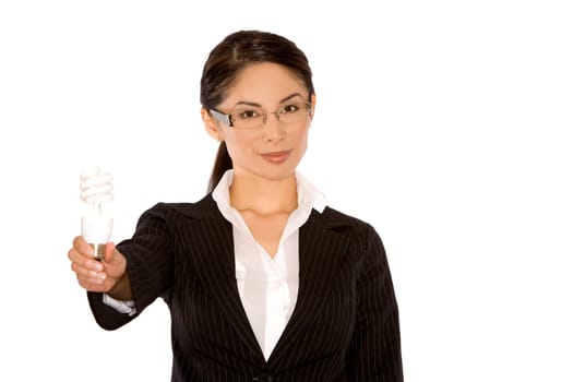 pretty asian wearing business outfit holding bulb