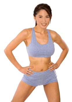 pretty asian woman wearing sport outfit on white