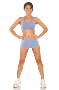 pretty asian woman wearing sport outfit on white