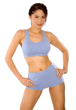 pretty asian woman wearing sport outfit on white