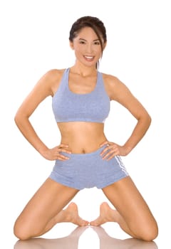 pretty asian woman wearing sport outfit on white