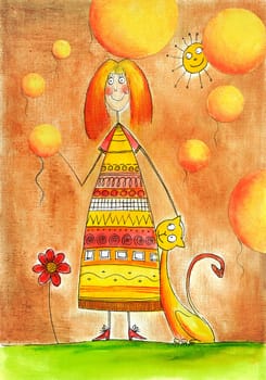 Happy girl with cat, child's drawing, watercolor painting on paper