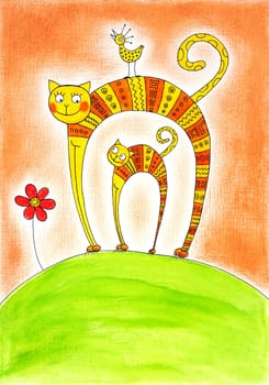 Cat and kitten, child's drawing, watercolor painting on paper