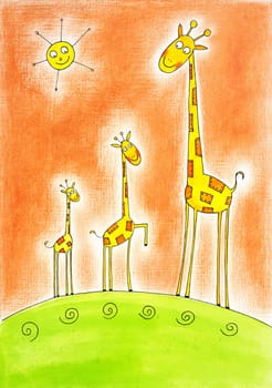 Three happy giraffes, child's drawing, watercolor painting on paper