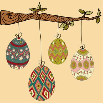 Happy Easter hanging eggs from tree branch. Vector file layered for easy manipulation and customisation.