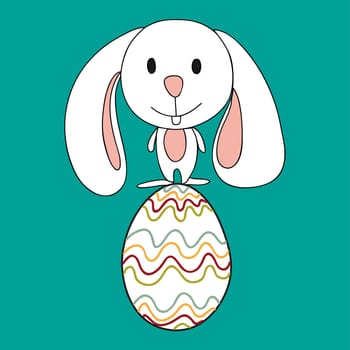 Funny baby Easter bunny balanced over a decorative egg. This illustration is layered for easy manipulation and custom coloring