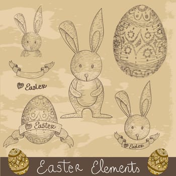 Hand drawn Happy Easter elements set. Vector illustration layered for easy manipulation and custom coloring.