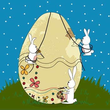 Decorative Easter egg under construction by bunnies teamwork. Vector illustration layered for easy manipulation and custom coloring.