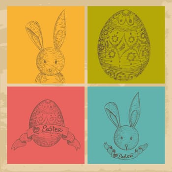 Hand drawn Happy Easter elements set over grunge background. Vector illustration layered for easy manipulation and custom coloring.