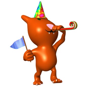 Front view carved cat on party with flag