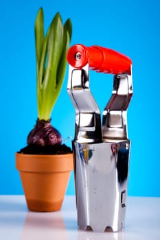 Gardening equipment on green plant