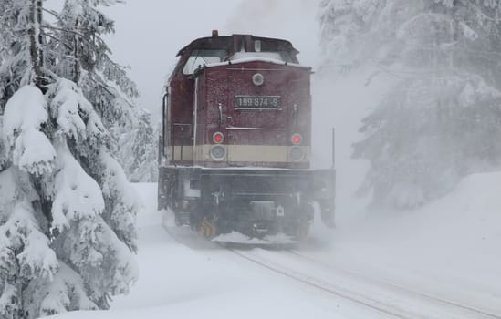 This diesel locomotive supports the rail snow blower on the Brocken in the Harz Mountains