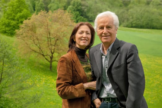 Happy senior couple on a meadow in spring