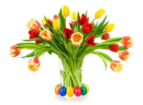 Colorful tulip bouquet and easter eggs on white background