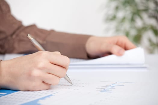 Business analysis - sheet, graph, (business report) and analyst. Selective focused on pen.