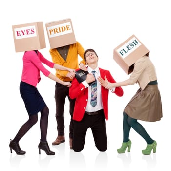 Three people with boxes in the head that pull a young man with a Bible. 1John 2:16.  Concept of the three temptations.