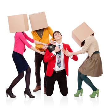 Three people with boxes in the head that pull a young man with a Bible. FRIENDS, BUSINESS and PLEASURES attack