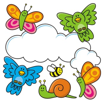 A spring scene with baby animal cartoons, butterflies, birds, bee and a snail.