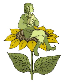 Elf sitting on a sunflower playing tambourine