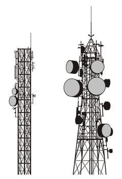 Vector silhouettes of two communication towers isolated on white.
