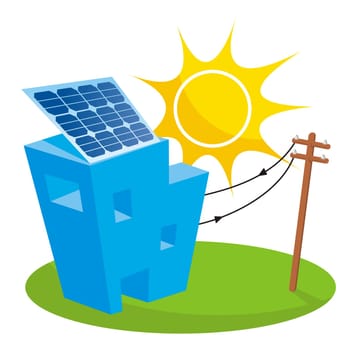 Solar panel on house roof connected to electricity pole
